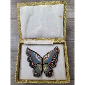 Vintage Chinese Cloisonné Butterfly Trinket Box-4 Piece Puzzle Box+Original Case